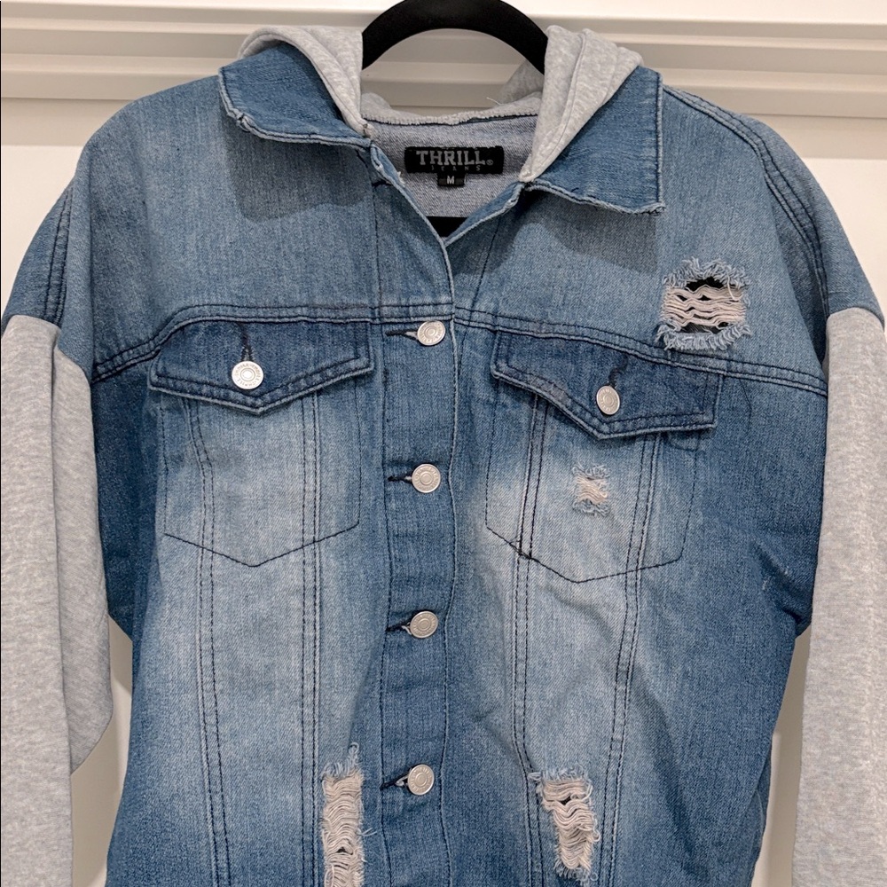 [Thrill Jeans] Distressed Hooded Sweatshirt Button-Up Denim Jacket Women’s Sz M - Picture 3 of 14